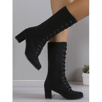 Solid Color Chunky Heel Lace Up Mid Calf Boots 