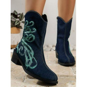 

Flower Pattern Zip Up Chunky Heel Denim Mid Calf Boots, Blue