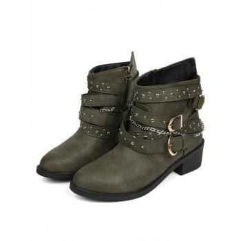 

Rivet Buckle Straps Chain Zip Up Chunky Heel Boots, Green