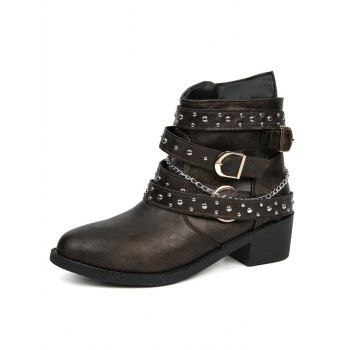 

Rivet Buckle Straps Chain Zip Up Chunky Heel Boots, Brown