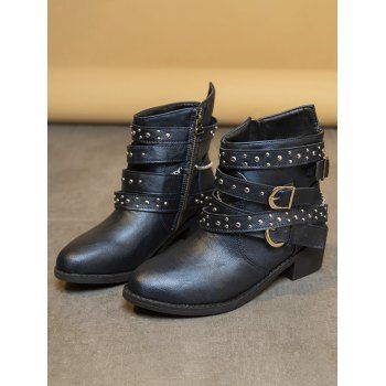 

Rivet Buckle Straps Chain Zip Up Chunky Heel Boots, Blue