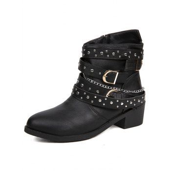 

Rivet Buckle Straps Chain Zip Up Chunky Heel Boots, Black