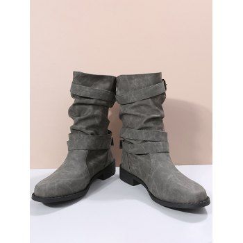 

Solid Color Buckle Strap Mid Calf Boots, Gray