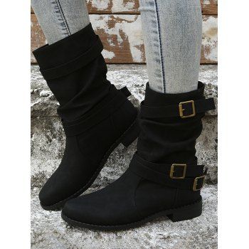 

Solid Color Buckle Strap Mid Calf Boots, Black