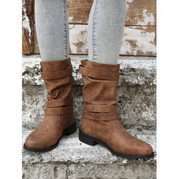 

Solid Color Buckle Strap Mid Calf Boots, Brown