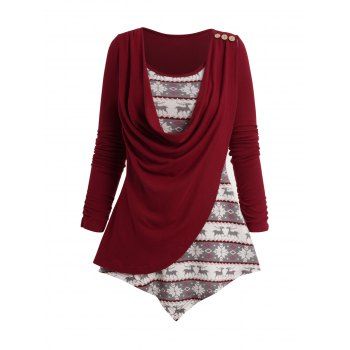 

Christmas Snowflake Graphic Faux Twinset Knit Top Cowl Neck Asymmetric Ruched Sleeve Knitted 2 In 1 Top, Red