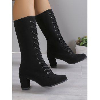 Solid Color Chunky Heel Lace Up Mid Calf Boots