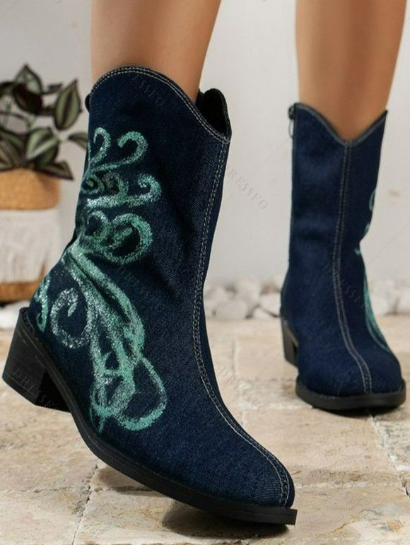 Flower Pattern Zip Up Chunky Heel Denim Mid Calf Boots - Bleu EU 43