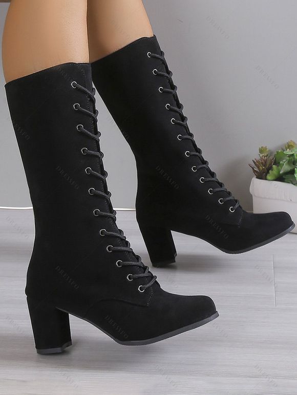 Solid Color Chunky Heel Lace Up Mid Calf Boots - Noir EU 40
