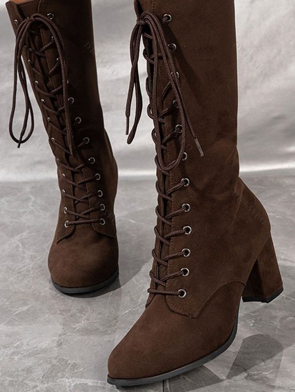 Solid Color Chunky Heel Lace Up Mid Calf Boots - Brun EU 42