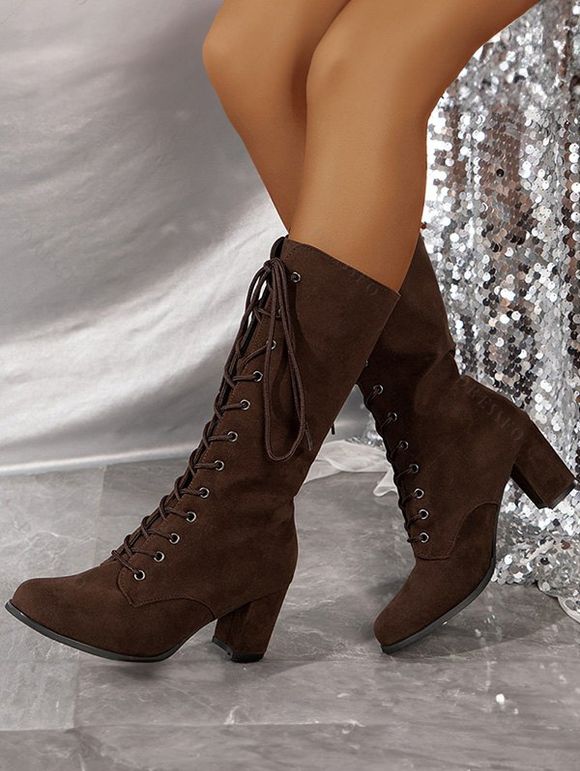 Solid Color Chunky Heel Lace Up Mid Calf Boots - Brun EU 42