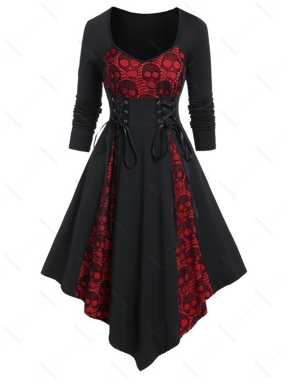 Robe Mi-Longue Gothique Asymétrique Crâne Panneau en Dentelle à Manches Raglan à Lacets - Noir S | US 4