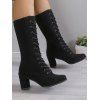 Solid Color Chunky Heel Lace Up Mid Calf Boots - Noir EU 40