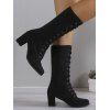 Solid Color Chunky Heel Lace Up Mid Calf Boots - Noir EU 41