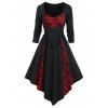 Robe Mi-Longue Gothique Asymétrique Crâne Panneau en Dentelle à Manches Raglan à Lacets - Noir XL | US 12