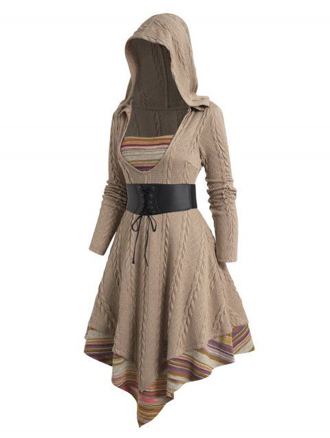 Striped Panel Knit Hooded Dress Twist Jacquard Pointed Hem Long Sleeve Midi Knitted Dress