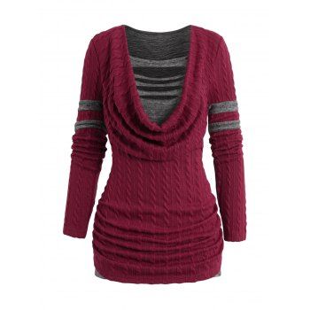 

Colorblock Cowl Neck Twist Knit Top Ripped Heathered Panel Ruched Knitted Top, Deep red