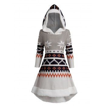 

Christmas Snowflake Print Ethnic Hooded Dress Faux Fur Panel Long Sleeve A Line Dress, Multicolor