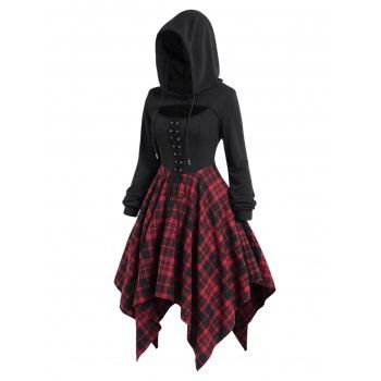 

Plaid Print Asymmetric Hooded Dress Lace Up Peekaboo Cut Long Sleeve Midi Dress, Deep red