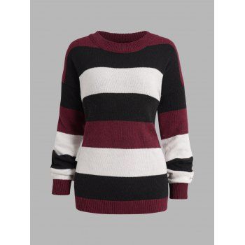 

Contrasting Colorblock Sweater Drop Shoulder Crew Neck Ribbed Hem Sweater, Deep red