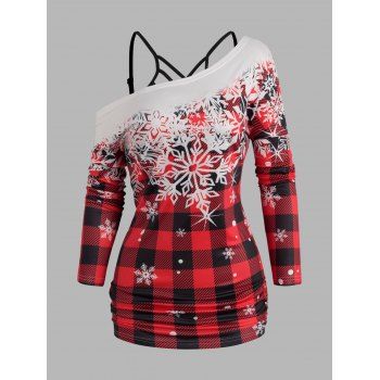 

Christmas Snowflake Print Skew Collar Long Sleeve Top And Crisscross Plain Camisole Two Piece Set, Red