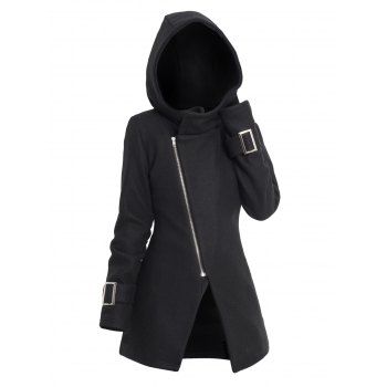 

Oblique Zipper Hooded Coat Solid Color Buckle Detail Casual Top, Black