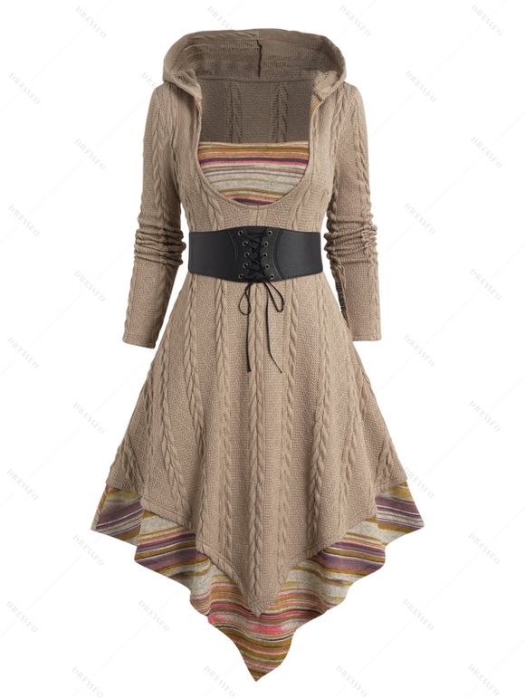 Robe Mi-Longue à Capuche Panneau Rayé en Jacquard à Ourlet Tordu - café lumière S | US 4
