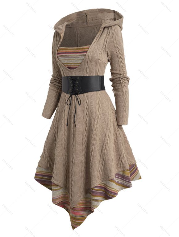 Robe Mi-Longue à Capuche Panneau Rayé en Jacquard à Ourlet Tordu - café lumière S | US 4