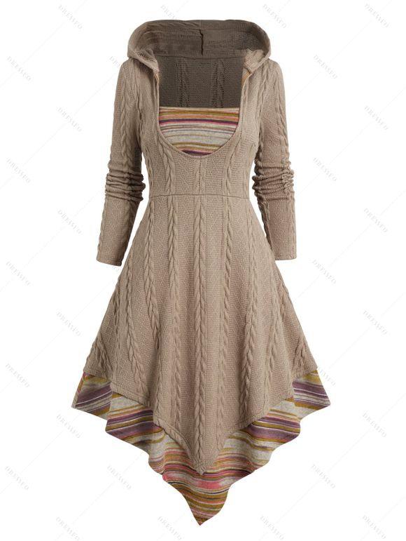 Robe Mi-Longue à Capuche Panneau Rayé en Jacquard à Ourlet Tordu - café lumière S | US 4