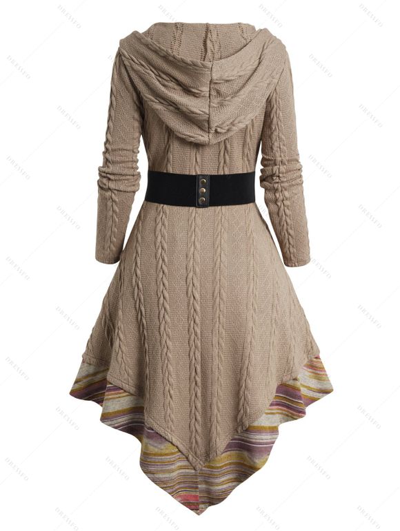 Robe Mi-Longue à Capuche Panneau Rayé en Jacquard à Ourlet Tordu - café lumière S | US 4