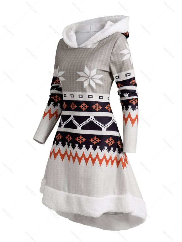 Robe A Line à Capuche en Fausse Fourrure Imprimé Flocon de Neige de Noël Ethnique - multicolor XXL | US 14