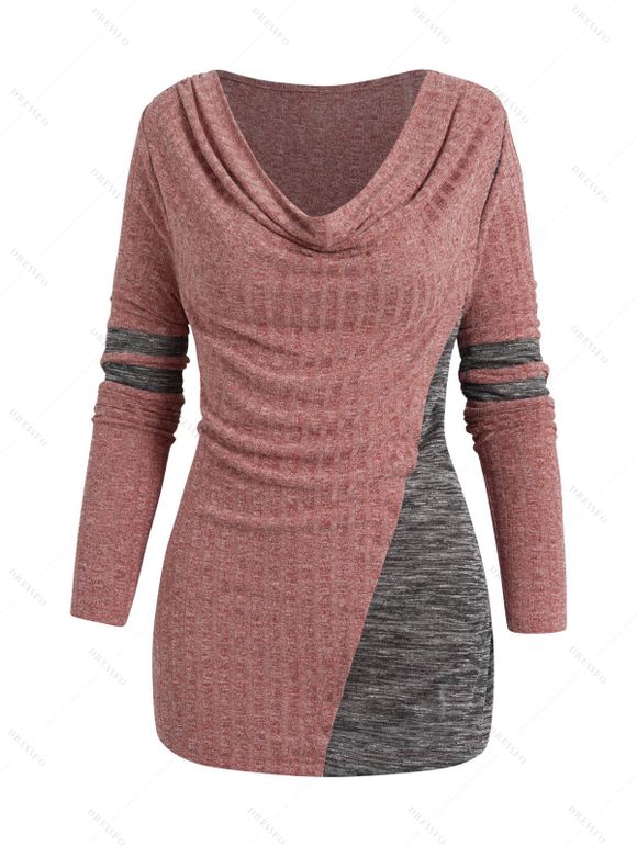 Haut Noué Texturé Panneau en Blocs de Couleurs Manches Longues à Col Bénitier - Rose clair XXL | US 14