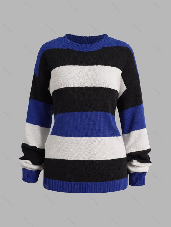 Pull Côtelé Contrasté à Goutte Epaule en Blocs de Couleurs à Col Rond - Bleu 3XL