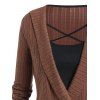 Stripe Leaf Textured Knit Faux Twinset Top Crisscross Buckles Surplice Long Sleeve Knitted 2 In 1 Top - COFFEE XXXL