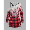 Ensemble de Haut de Noël Croisé à Imprimé Flocon de Neige à Manches Longues avec Camisole Deux Pièces - Rouge XXL