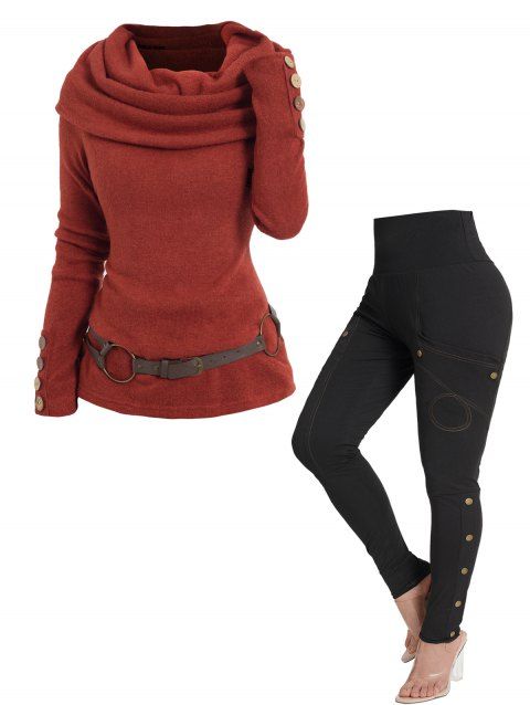 Solid Color Cowl Neck Belted Knit Top And Stitching Wide Elastic Waist High Rise Skinny Pencil Pants Outfit