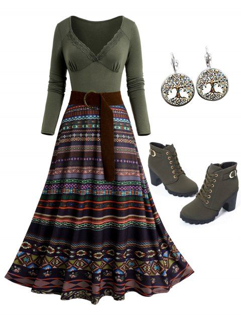 Tribal Pattern Plunge Long Sleeve High Waist Belted Midi Dress And Chunky Heel Lace Up Boots Life Tree Earrings Outfit