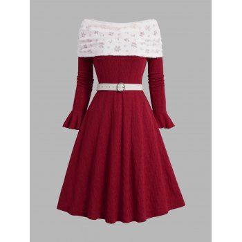 

Christmas Snowflake Contrast Foldover Mini Knit Dress Flare Sleeve Twist Knitted Dress, Red