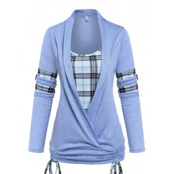 

Plaid Cinched Tie 2 In 1 Ruched Rolled Up Sleeve Twofer T-shirt, Light blue