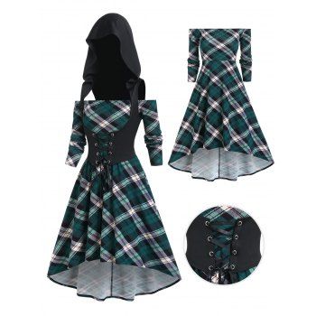 

Off the Shoulder Plaid Print High Low Midi Dress And Lace Up Hooded Top Vintage Set, Deep green