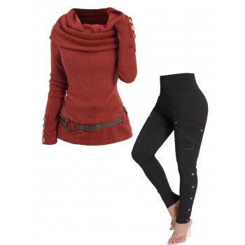 

Solid Color Cowl Neck Belted Knit Top And Stitching Wide Elastic Waist High Rise Skinny Pencil Pants Outfit, Dark orange