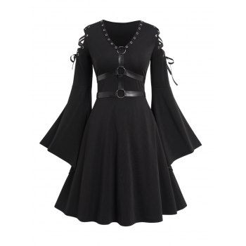 

Gothic Flare Sleeve Mini Dress V Neck Lace Up Grommet Harness Dress, Black