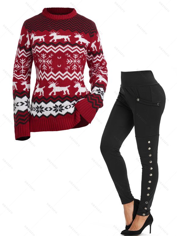 Legging Cerf de Noël Flocon de Neige Graphique à Coupe Haute avec Poche à Boutons-pression - Rouge S | US 4