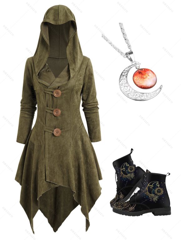 Manteau à Capuche Asymétrique Rétro Boutonné Motif de Lune et de Soleil à Lacets - Vert profond S | US 4
