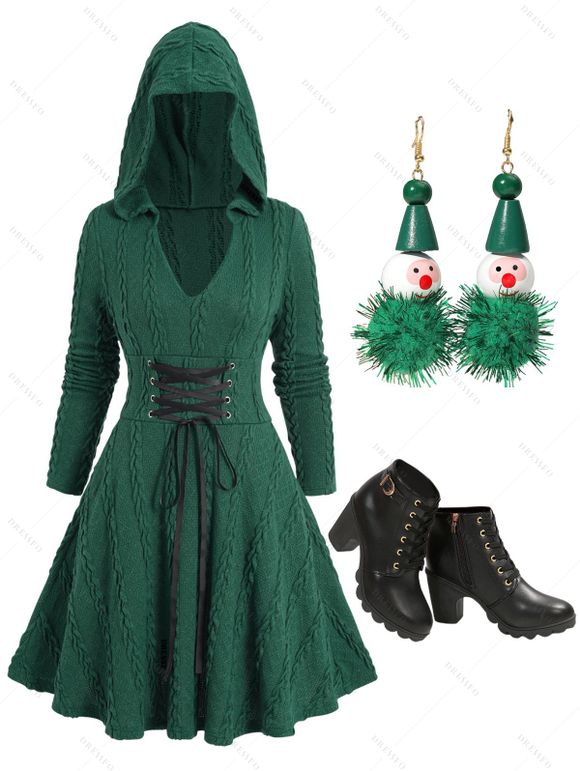 Robe Pull à Capuche en Tricot à Câble Bonhomme de Neige et Lacets à Talon Epais - Vert profond S | US 4