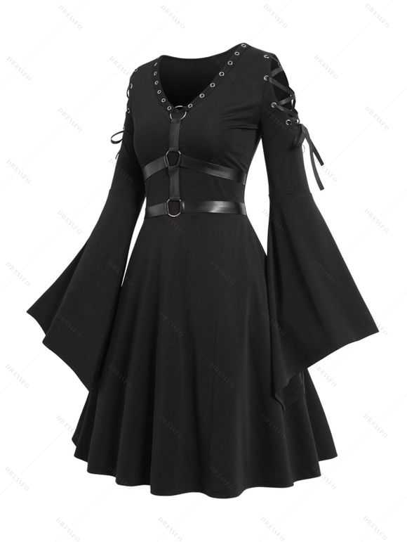 Mini Robe Gothique Manches Evasées à Lacets à Œillet - Noir S | US 4