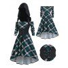 Ensemble de Top à Capuche Vintage à Lacets et de Robe à Imprimé Carreaux à Epaule Dénudée - Vert profond XXL