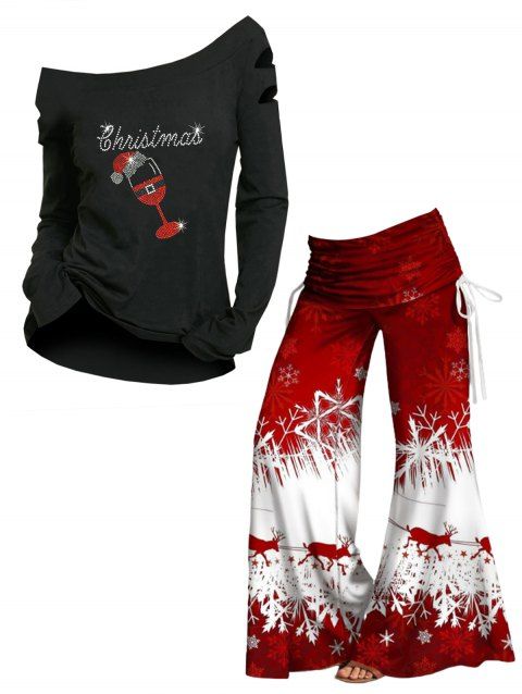 Christmas Off The Shoulder Cut Out Long Sleeve Top And Reindeer Snowflake Print Cinched Long Wide Leg Pants Outfit