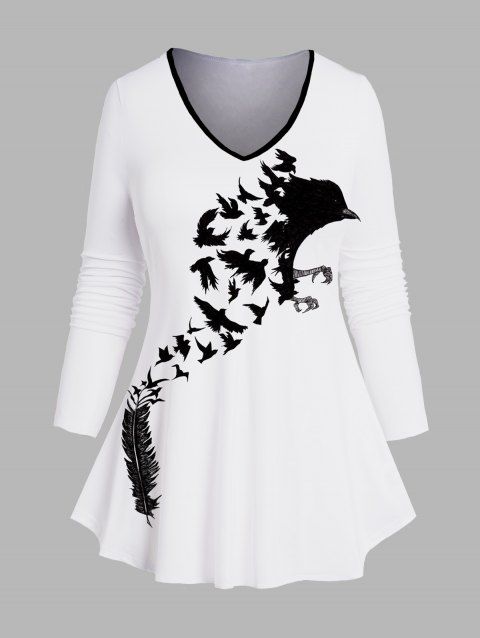 T-shirt Décontracté Plume Corbeau Imprimés Manches Longues de Grande Taille à Col V