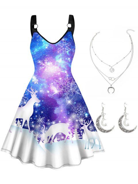 Plus Size Snow Galaxy Elk Snowflake Print Christmas Midi Dress And Moon Layered Chain Necklace Drop Earrings Outfit